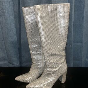 Silver Rhinestone High Heel Boots